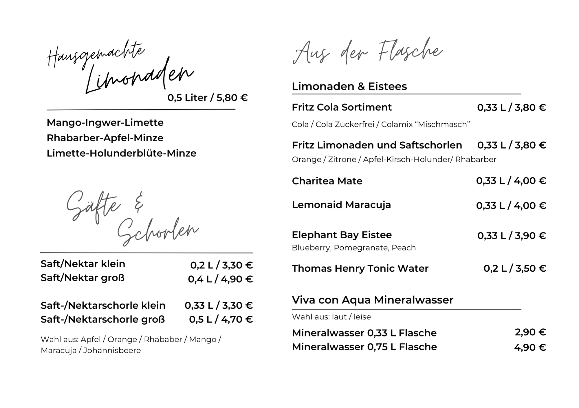 Karte Café frau elster - Softdrinks und Limonaden