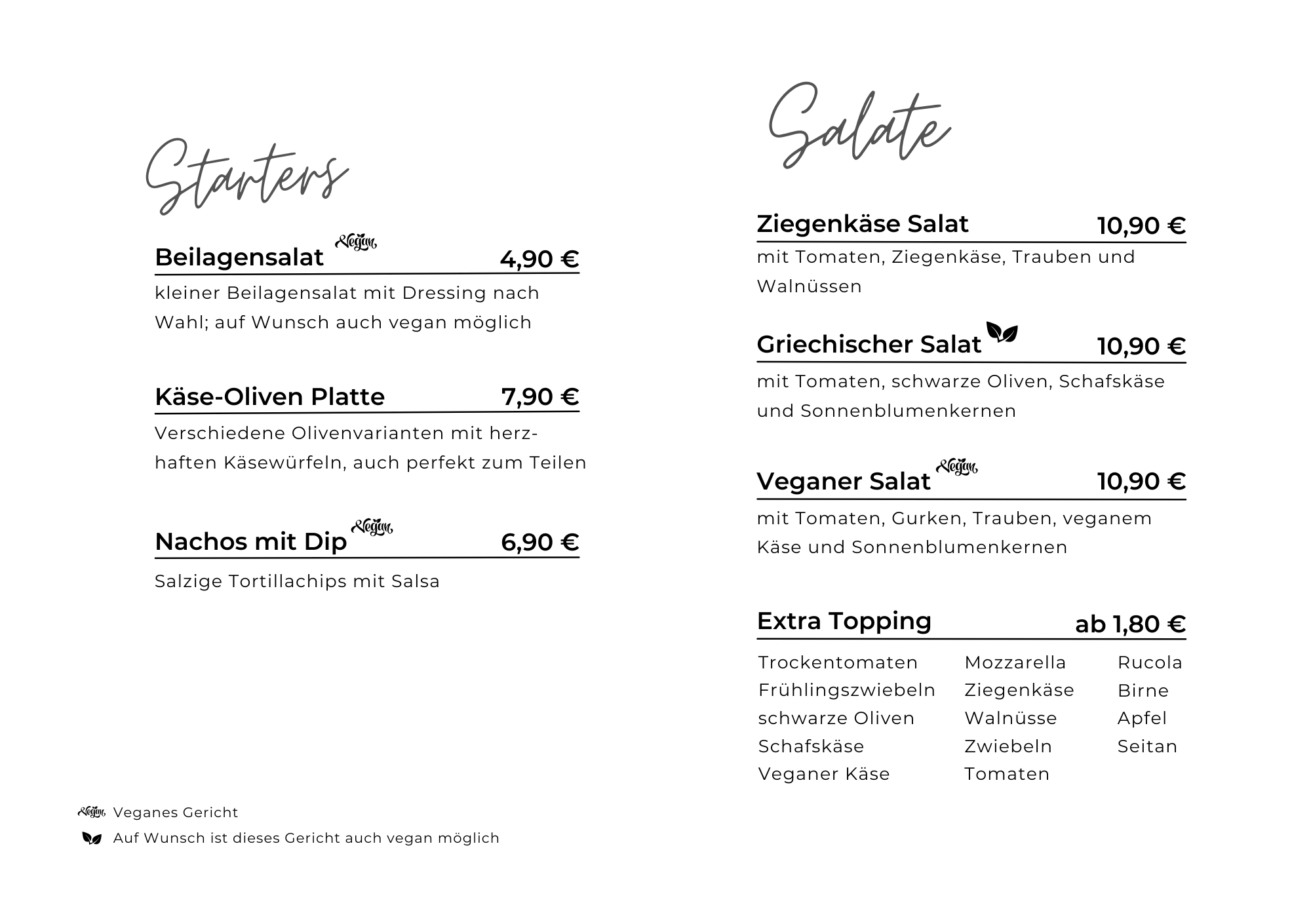 Karte Café frau elster - Starters & Salate 