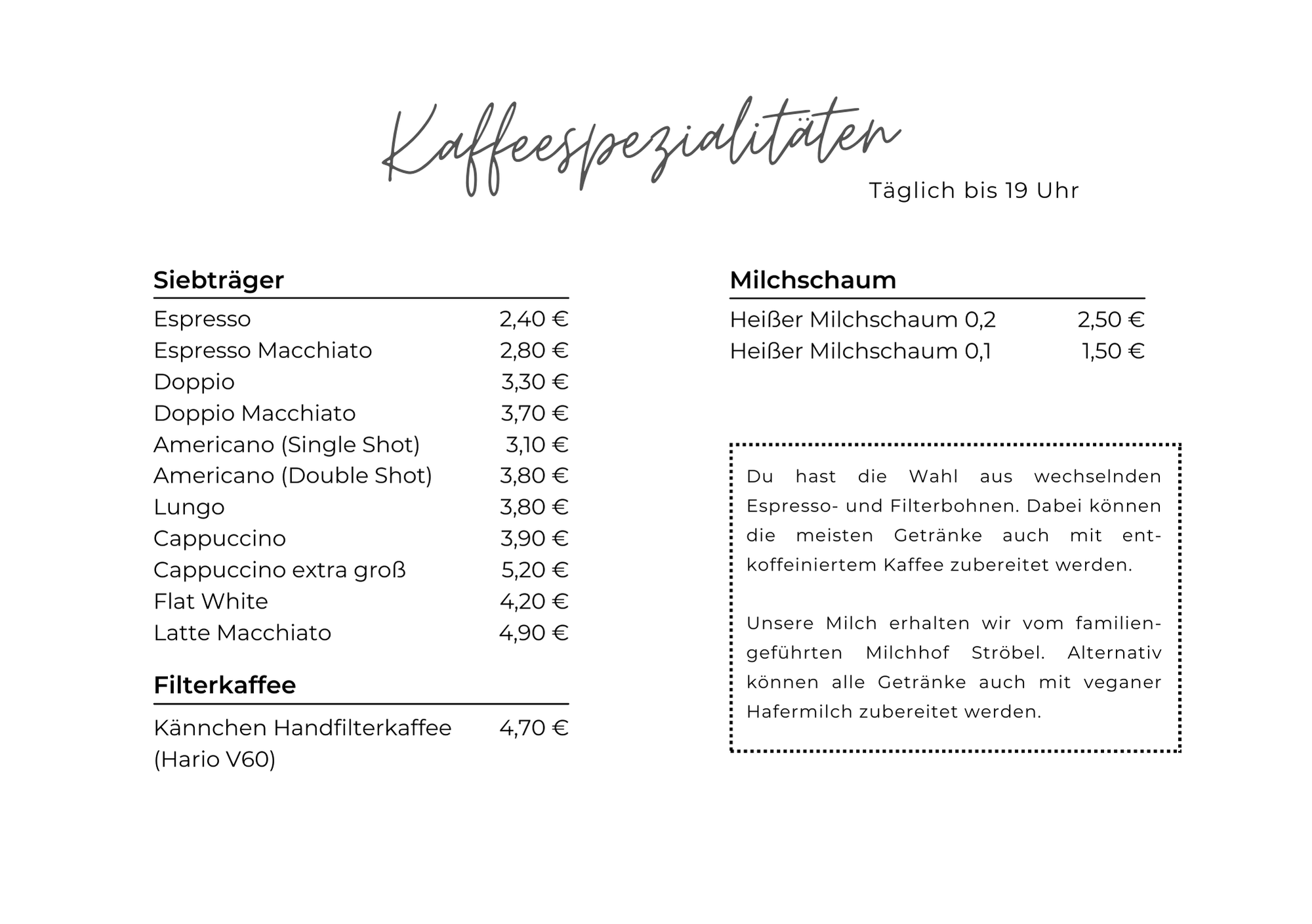 Karte Café frau elster - Kaffeespezialitäten