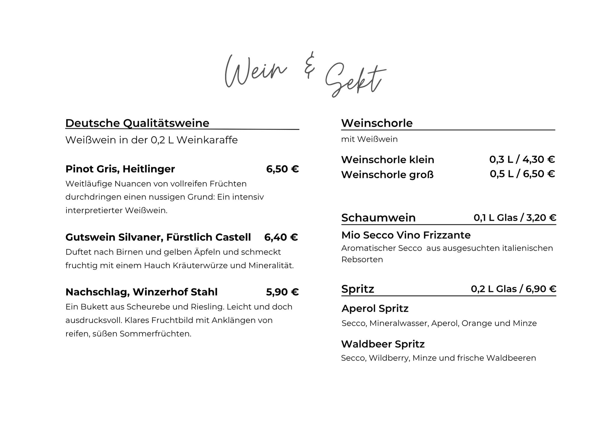 Wein, Sekt und Spritzgetränke im Café frau elster